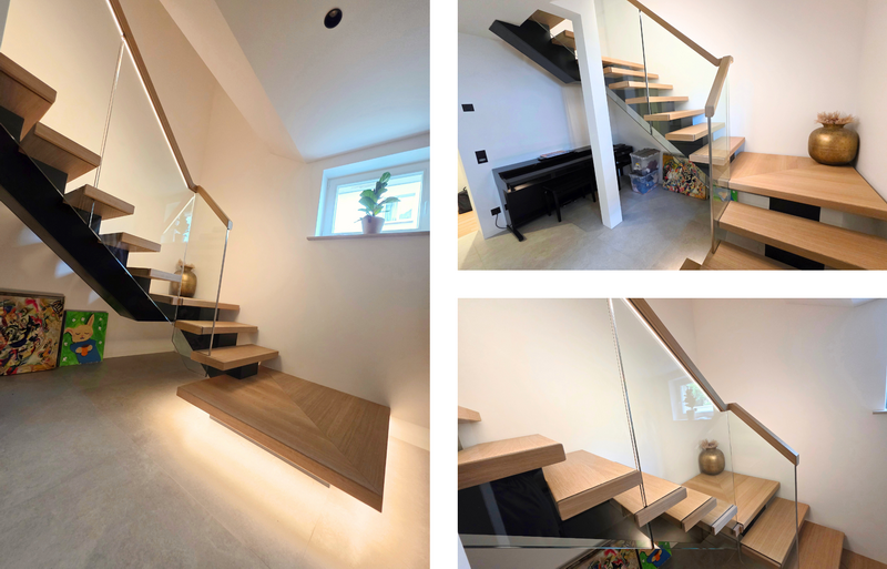 Designtreppe mit schwarzem Mittelholm, Eichenstufen und Ganzglasgeländer mit Beleuchtung Bildquelle: GRÄFE Designtreppe mit schwarzem Mittelholm, Eichenstufen und Ganzglasgeländer mit Beleuchtung Bildquelle: GRÄFE