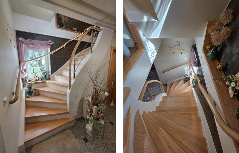 Treppenbelegung in Esche natur und Esche weiss Kombination mit beleuchtetem Handlauf   Bildquelle: GRÄFE