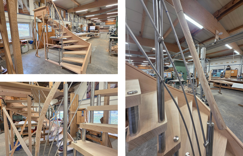 zwei einseitig gebolzte Treppen mit bogenförmigem Querstabgeländer in der Vormontage   Bildquelle: GRÄFE